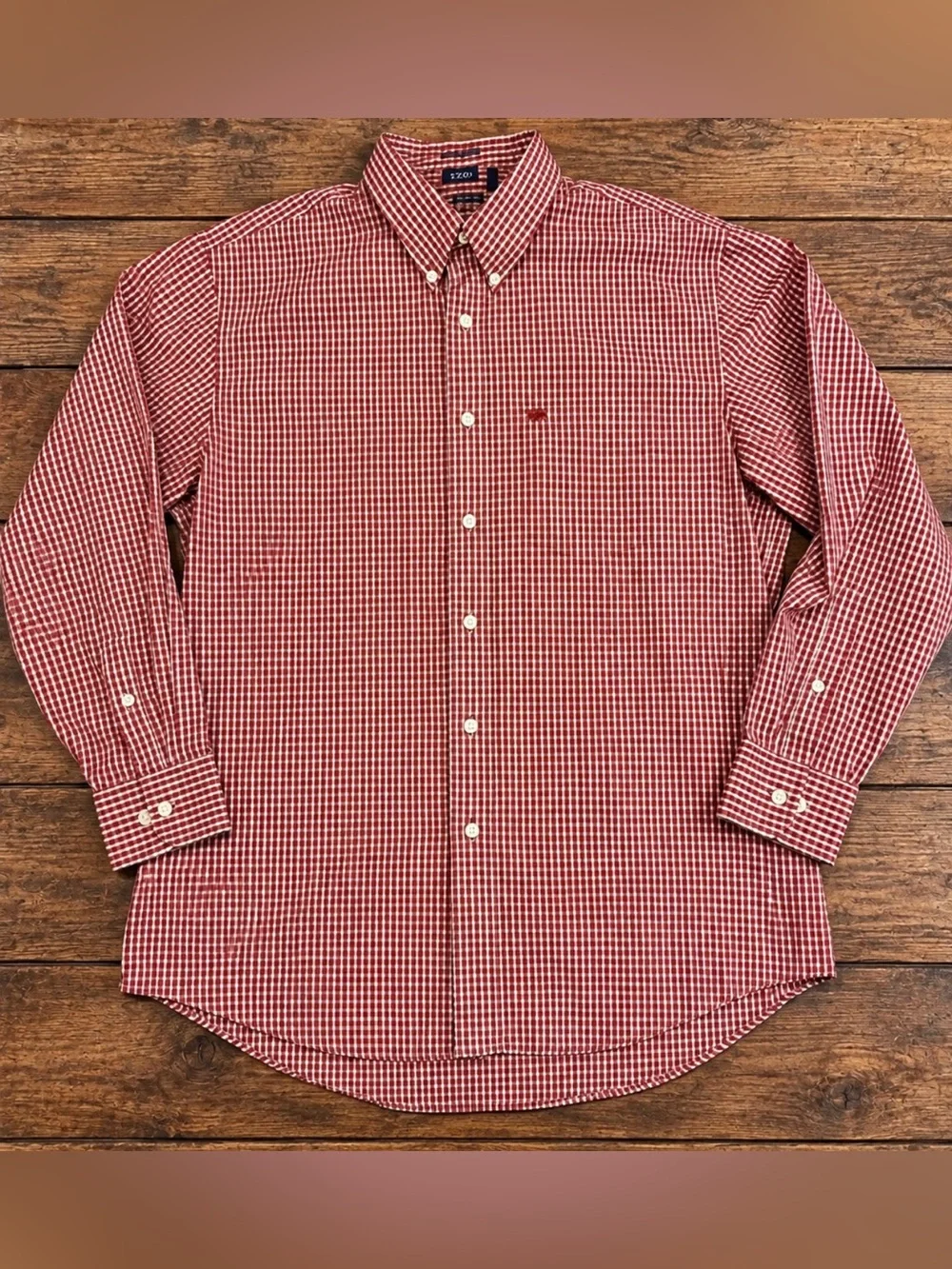 IZOD Men’s XL Button Down Shirt Red White Gingham Plaid Long Sleeve Cotton Blend